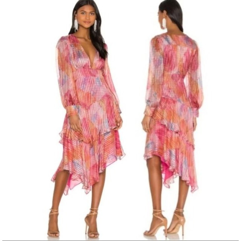Love Shack Fancy Size 6 Meridian Dress Pink 100% Silk  Midi  Long Sleeve Ruffles